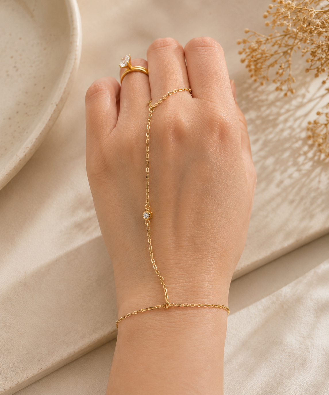 14K Gold Hand Chain with Zirconia - Elegant and Delicate Style