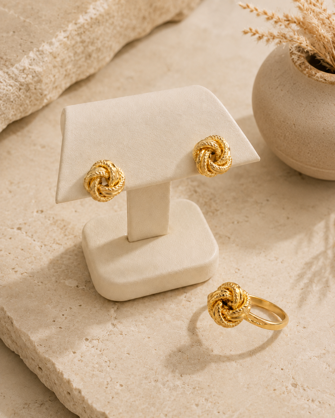 Conjunto de Aretes y Anillo de Nudo en Oro de 10K - Elegancia Atemporal