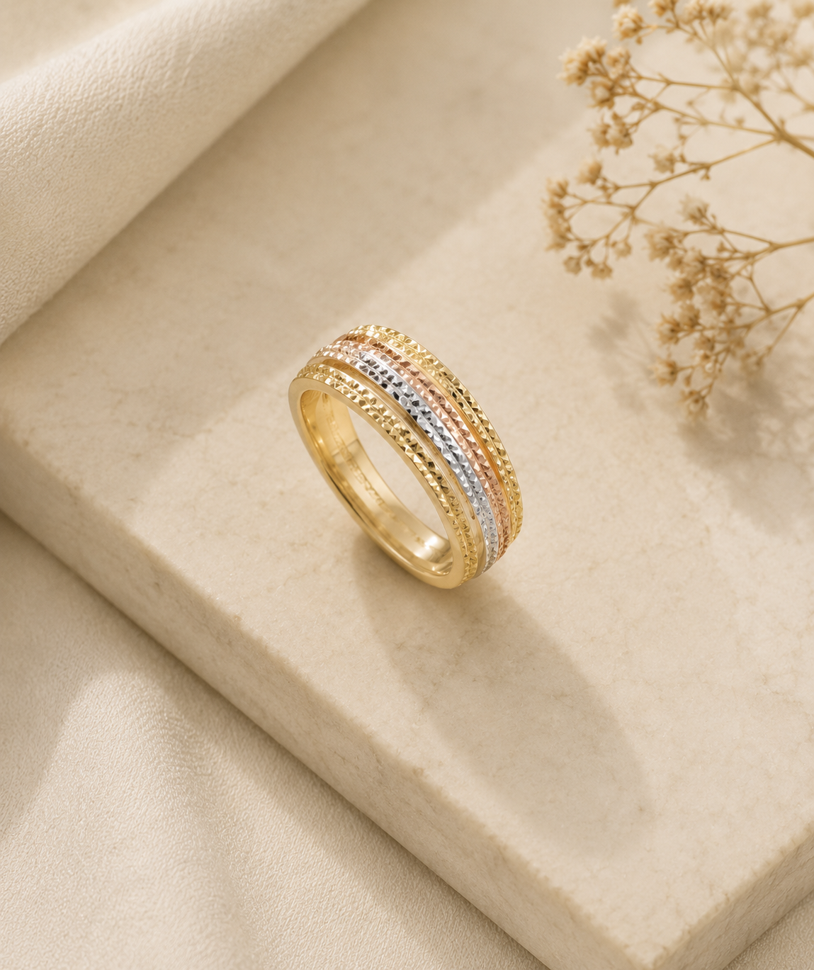 10K Tricolor Gold Ring with Diamond-Cut Texture - Bela Jewelry