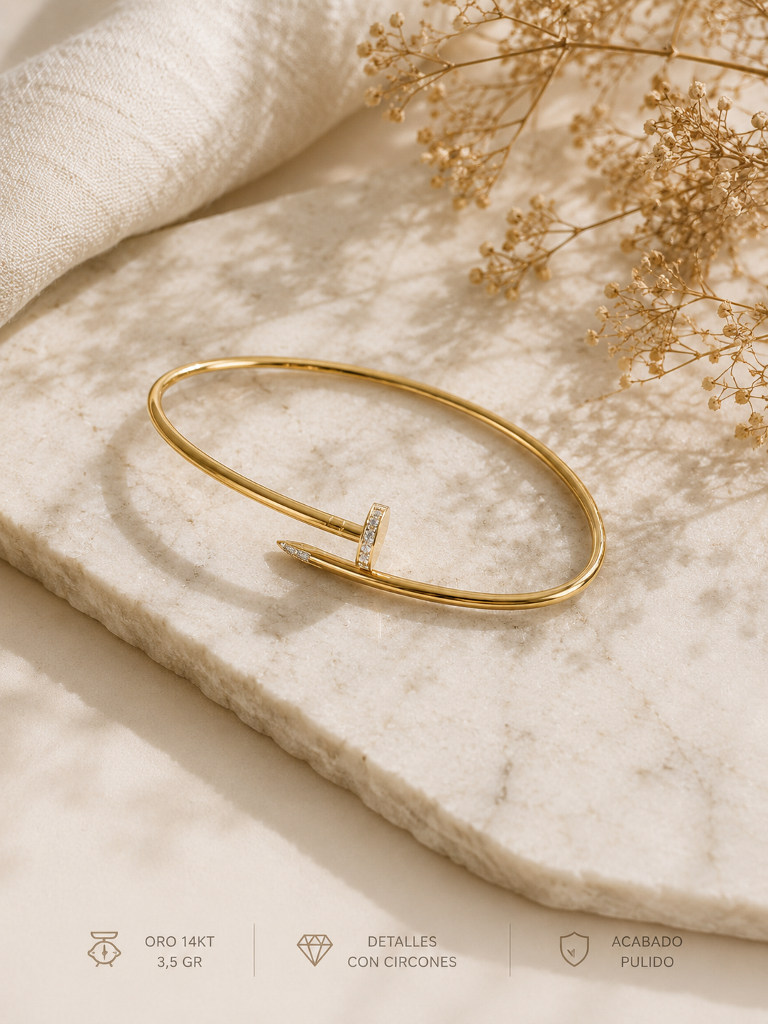 14KT Gold Nail-Style Bangle with Zirconia Accents