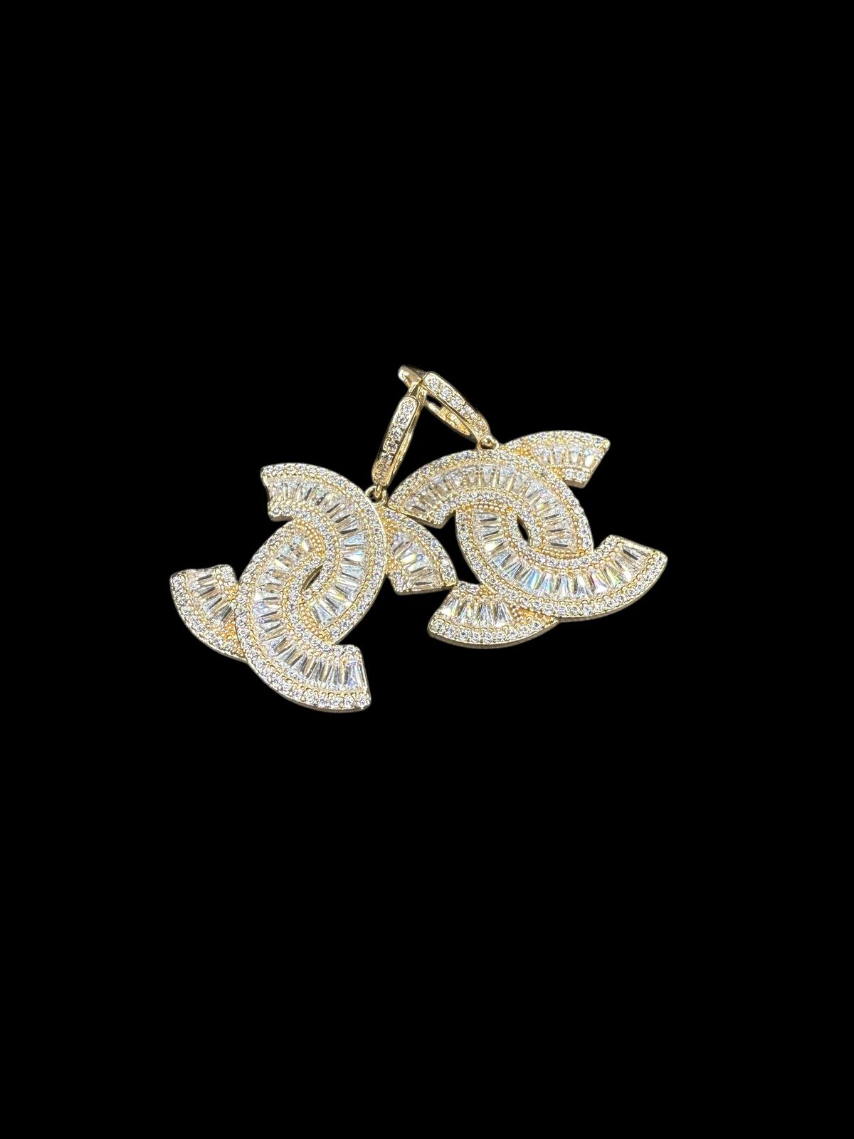 14K Gold & CZ CC Charm Huggies Earrings