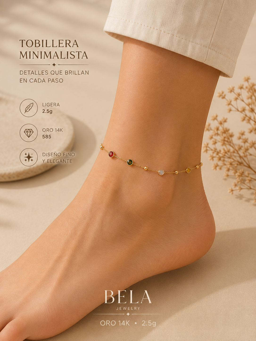 Tobillera Minimalista de Oro 14K con Piedras Preciosas - Bela Jewelry