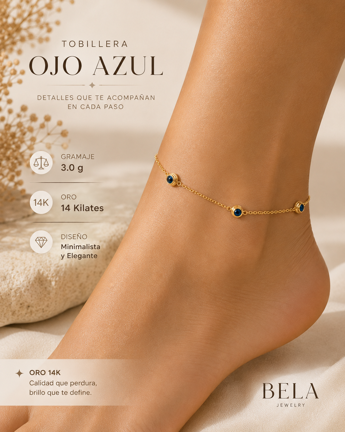 Tobillera Ojo Azul en Oro de 14K - Elegancia y Protección