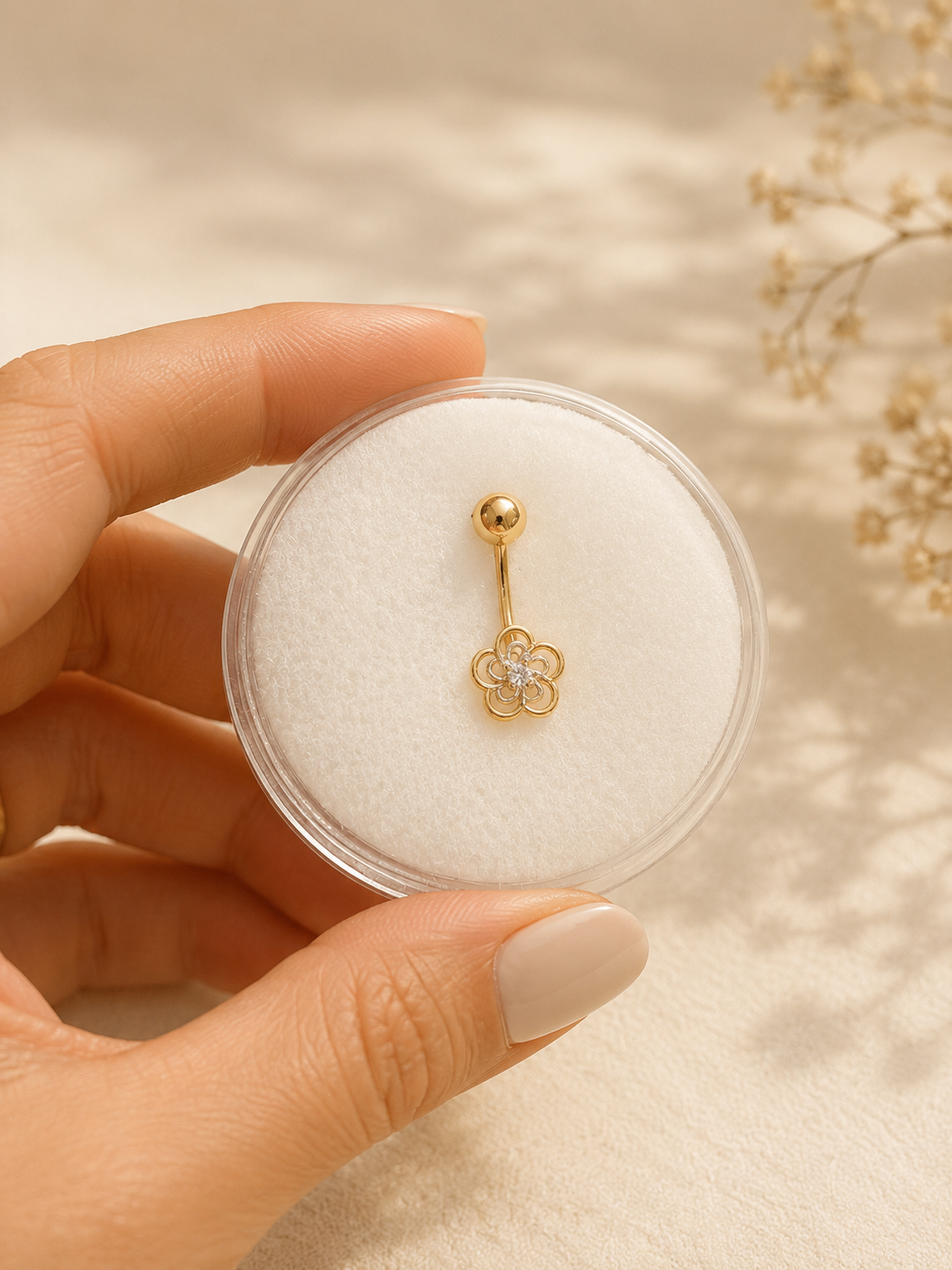 14K Gold Flower Navel Piercing with Zirconia - Timeless Elegance & Radiance