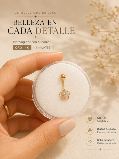 14K Gold Flower Navel Piercing with Zirconia - Timeless Elegance & Radiance