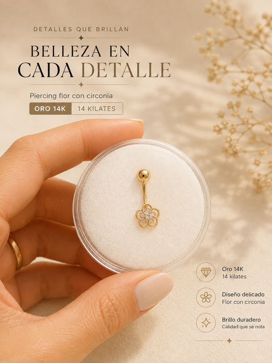 14K Gold Flower Navel Piercing with Zirconia - Timeless Elegance & Radiance