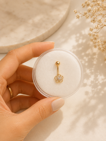 14K Gold Flower Navel Piercing with Zirconia - Timeless Elegance & Radiance