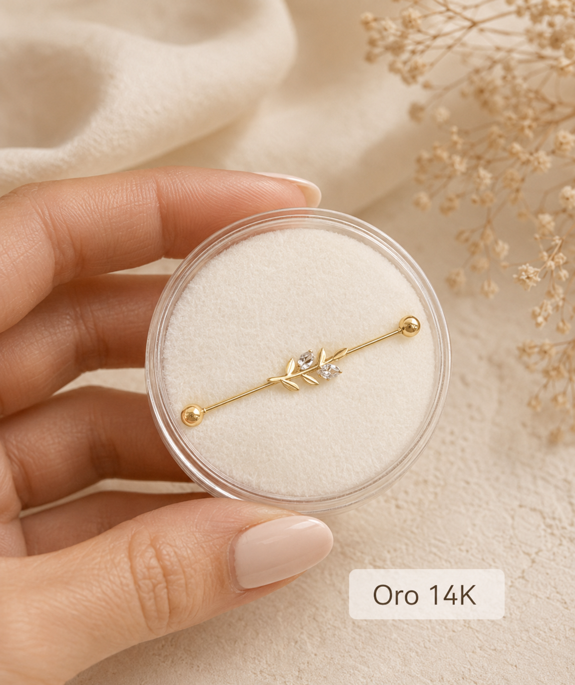 14K Gold Industrial Piercing with Leaf Design and Cubic Zirconia