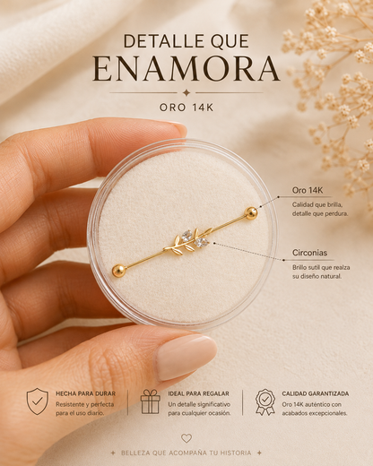 14K Gold Industrial Piercing with Leaf Design and Cubic Zirconia