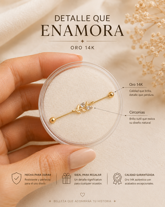 14K Gold Industrial Piercing with Leaf Design and Cubic Zirconia