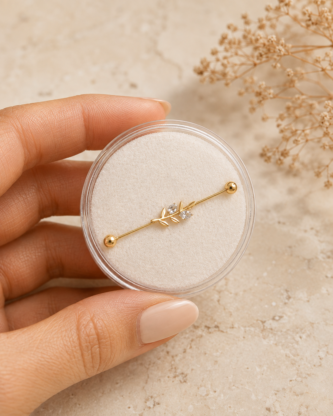 14K Gold Industrial Piercing with Leaf Design and Cubic Zirconia