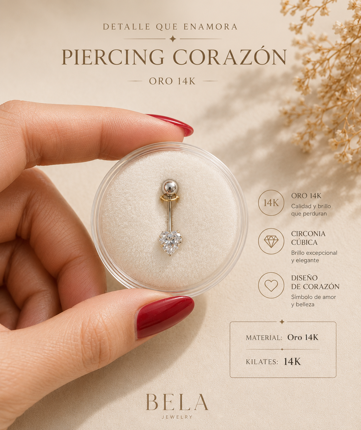14K Gold Heart Piercing with Cubic Zirconia - Bela Jewelry