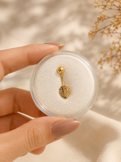 14K Gold Monstera Leaf Belly Piercing - Natural Elegance