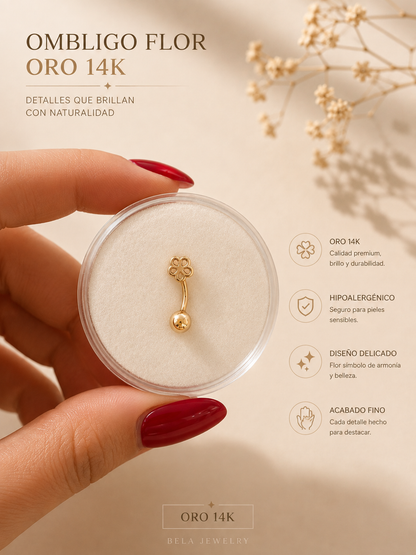 14K Gold Flower Belly Piercing - Natural Elegance and Shine