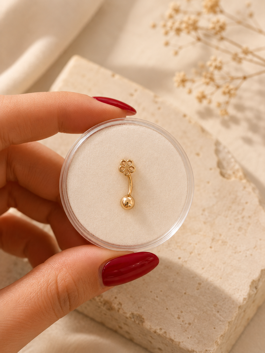14K Gold Flower Belly Piercing - Natural Elegance and Shine