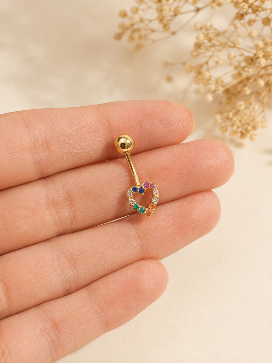 14K Gold Heart Piercing with Multicolor Cubic Zirconia