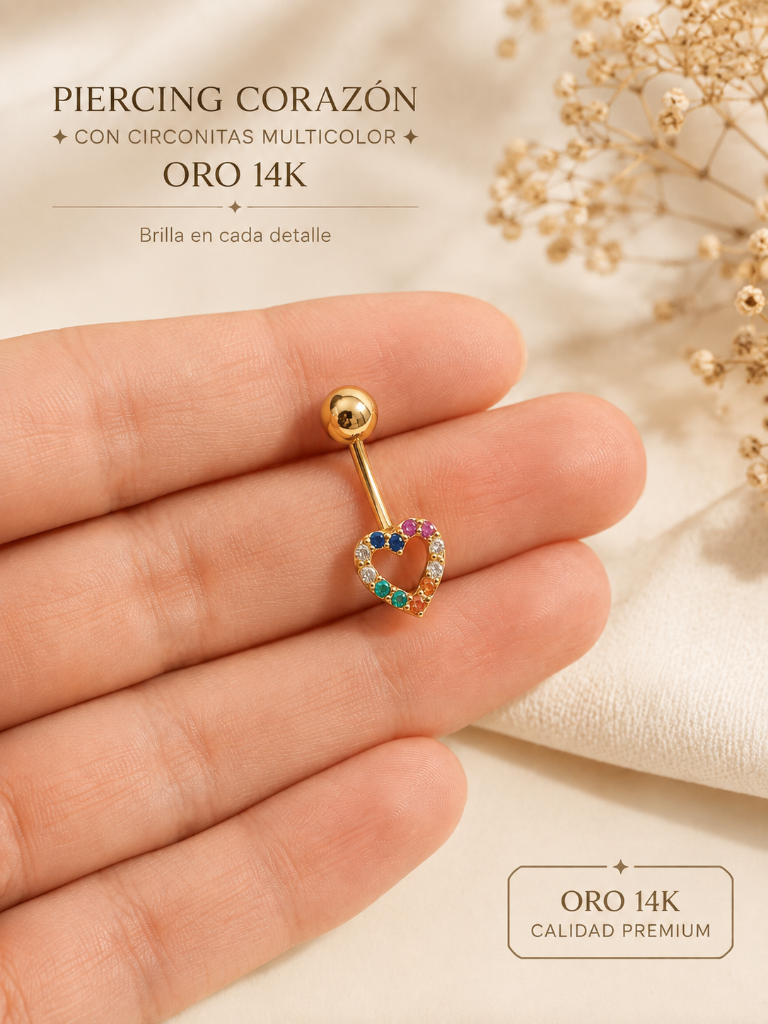 14K Gold Heart Piercing with Multicolor Cubic Zirconia
