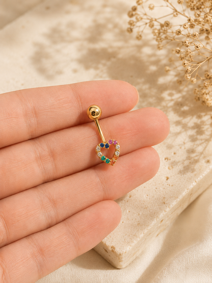 14K Gold Heart Piercing with Multicolor Cubic Zirconia