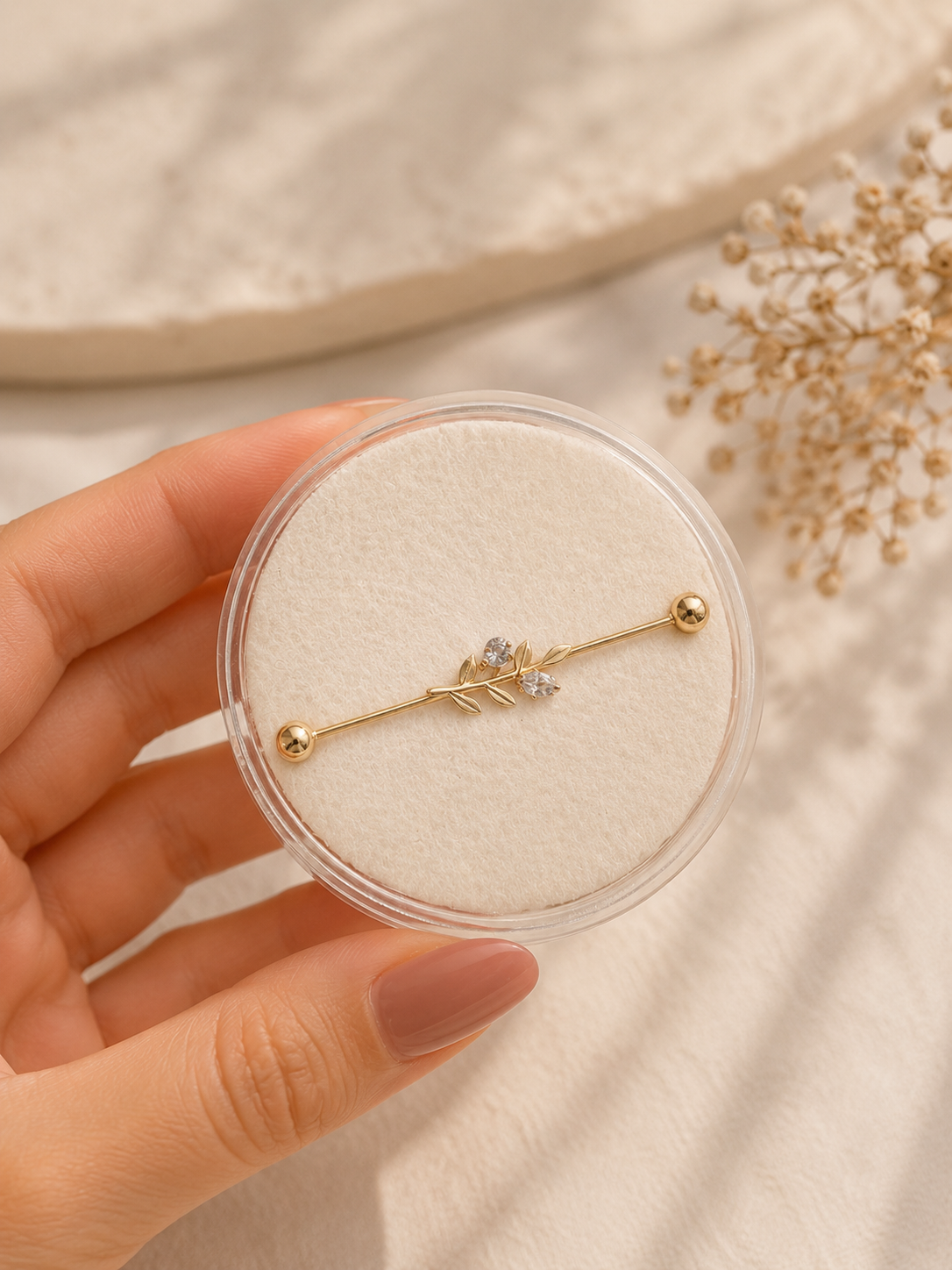 14K Gold Industrial Barbell - Botanical Elegance & Timeless Shine
