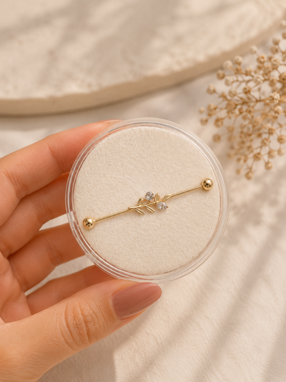 14K Gold Industrial Barbell - Botanical Elegance & Timeless Shine
