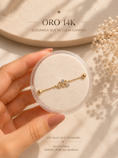 14K Gold Industrial Barbell - Botanical Elegance & Timeless Shine