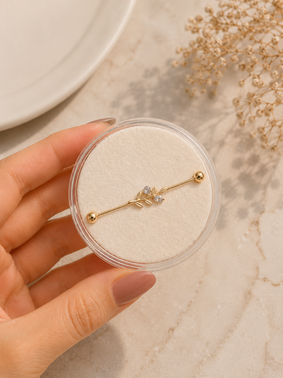 14K Gold Industrial Barbell - Botanical Elegance & Timeless Shine