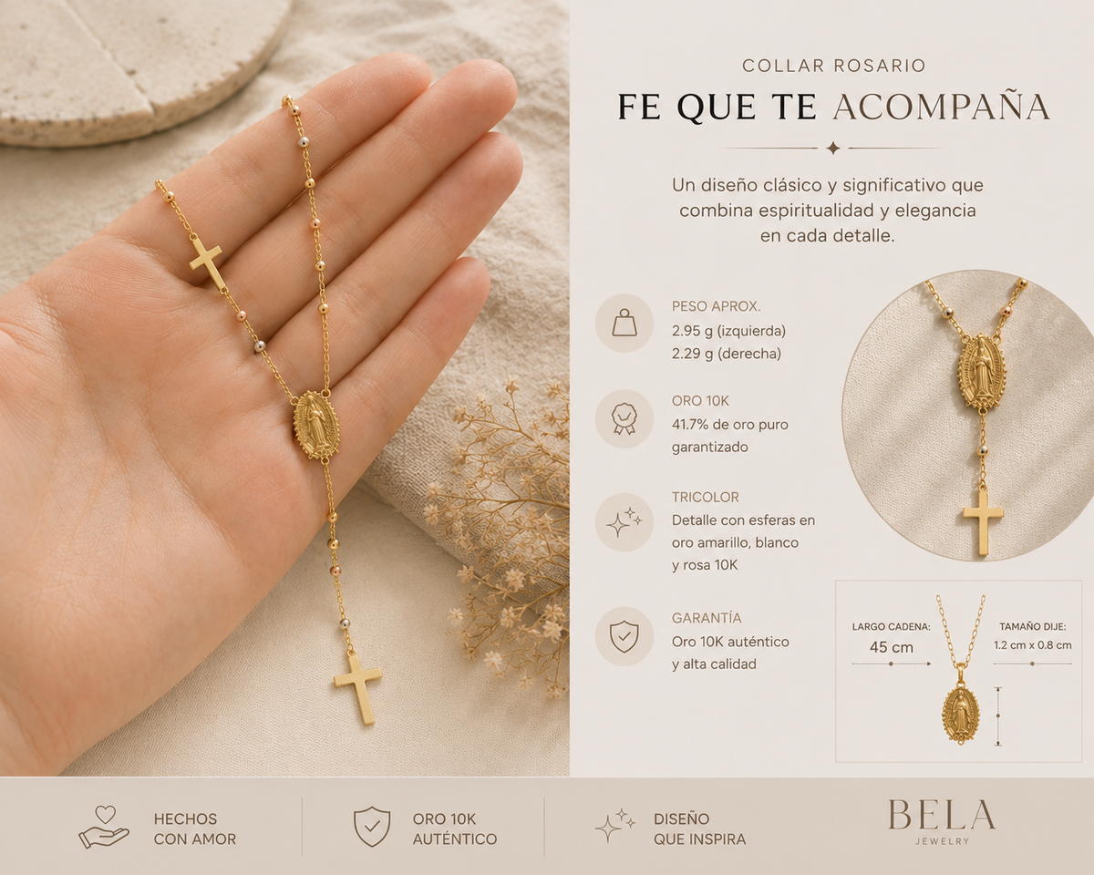 10K Tricolor Gold Rosary Necklace - Faith to Accompany You