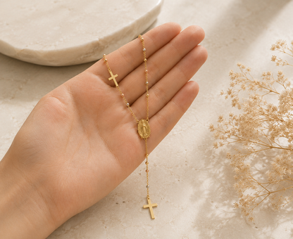 10K Tricolor Gold Rosary Necklace - Faith to Accompany You