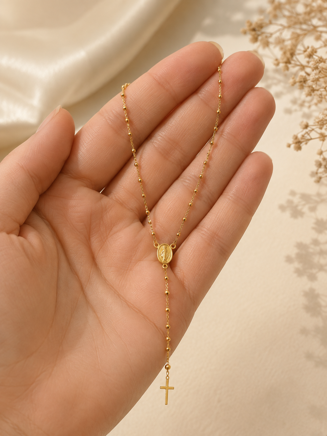 10K Gold Rosary Necklace with Virgin Mary Medal and Cross - Spiritual Elegance