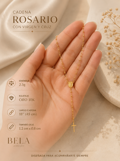 10K Gold Rosary Necklace with Virgin Mary Medal and Cross - Spiritual Elegance