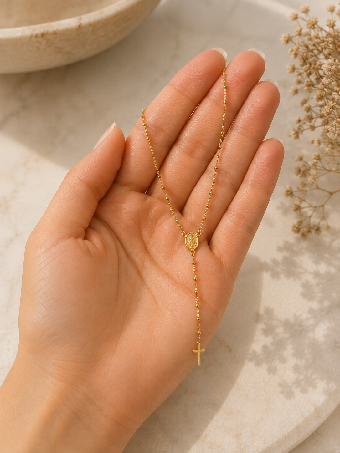 10K Gold Rosary Necklace with Virgin Mary Medal and Cross - Spiritual Elegance