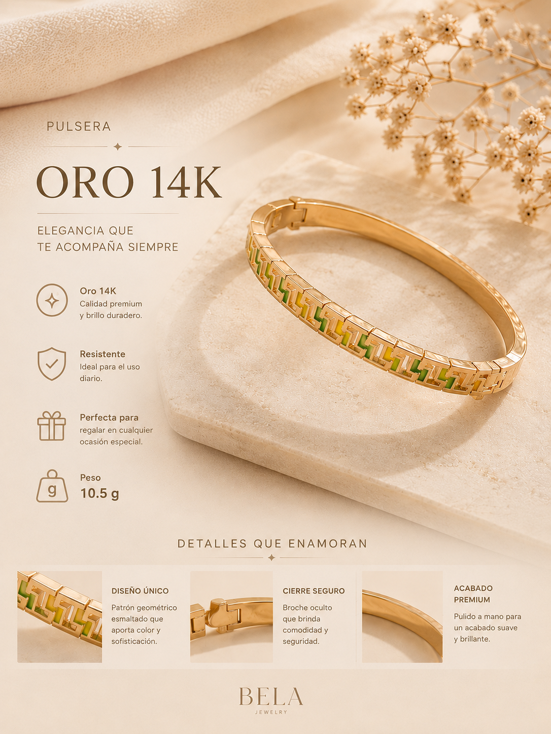 Pulsera Bela Oro 14K - Elegancia Geométrica y Esmaltada