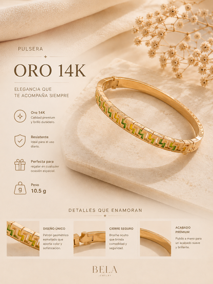 Pulsera Bela Oro 14K - Elegancia Geométrica y Esmaltada