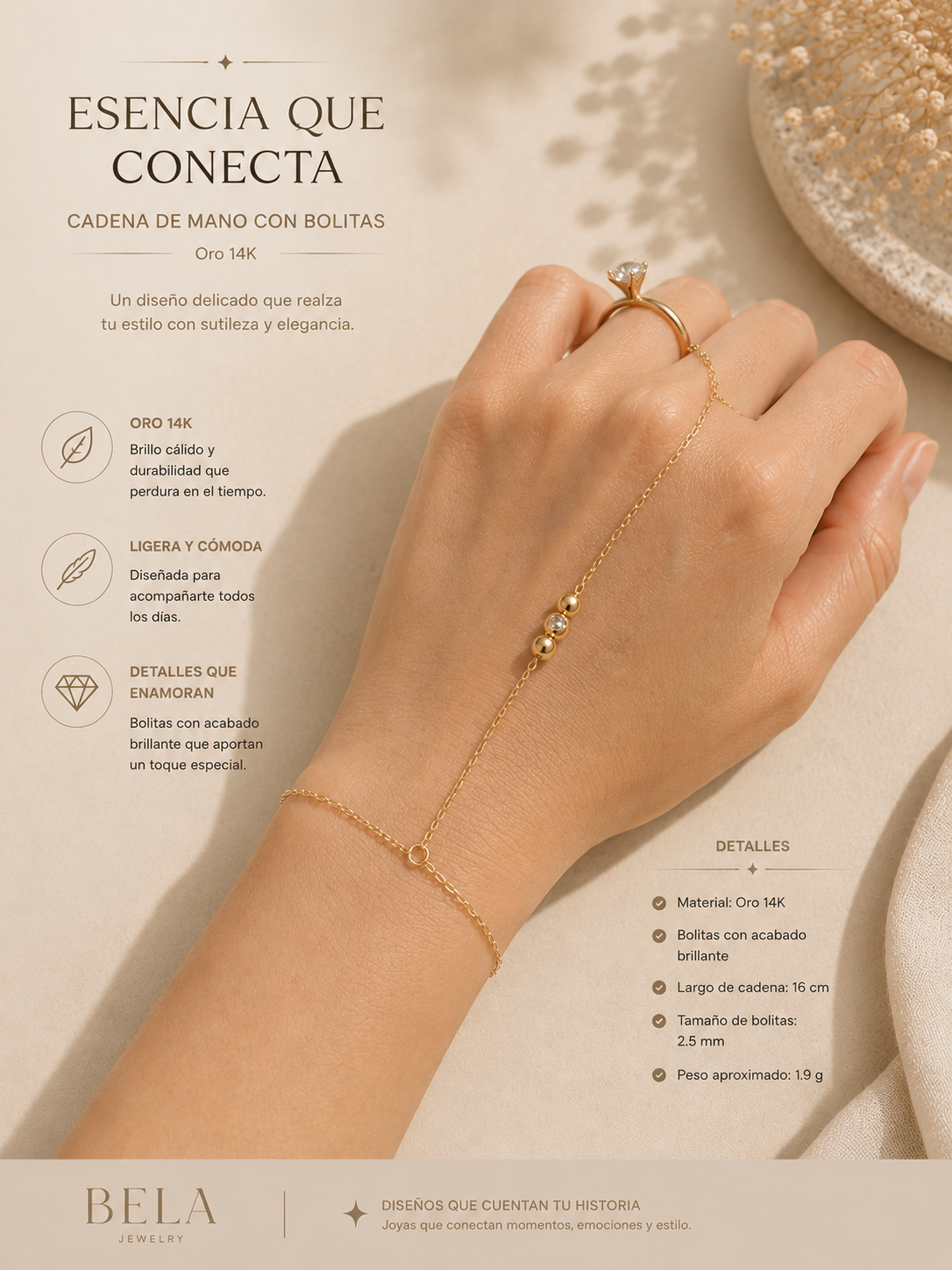 Esencia que Conecta: Cadena de Mano en Oro 14K con Bolitas Brillantes