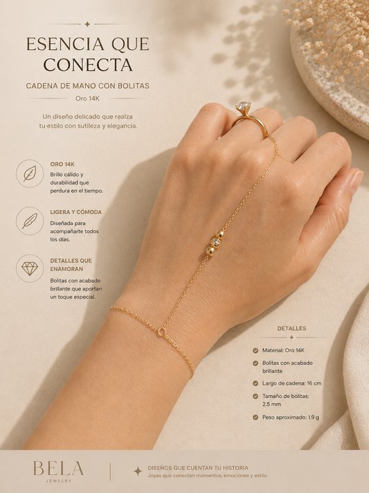 Connecting Essence: 14K Gold Hand Chain with Shimmering Beads