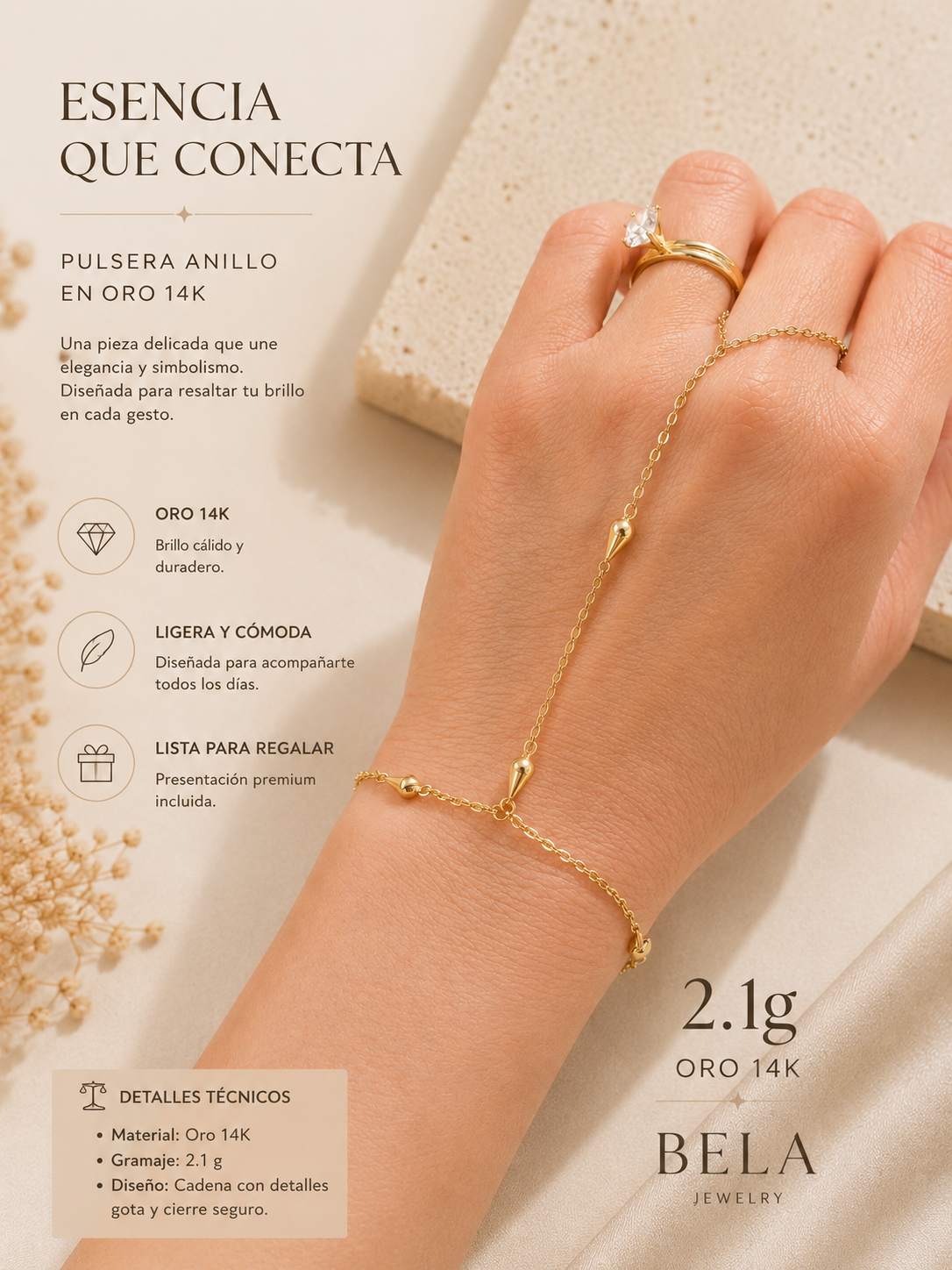 Elegancia en Cada Gesto: Pulsera Anillo de Oro 14K Bela