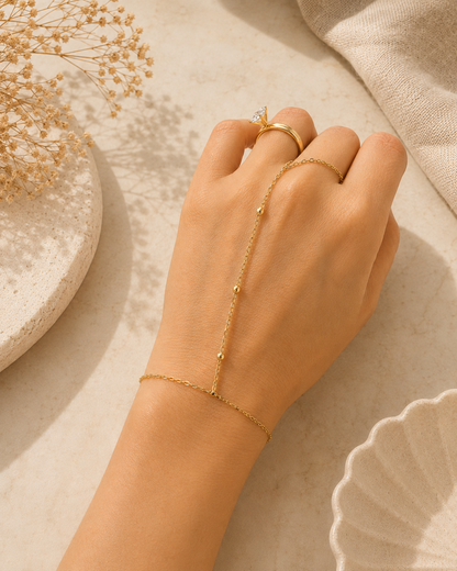 14K Gold Beaded Hand Chain Bracelet - Modern Minimalist Elegance