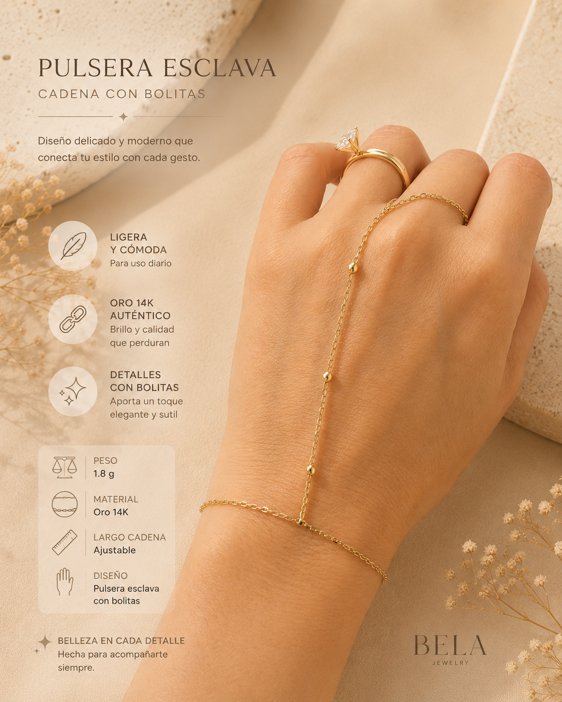 14K Gold Beaded Hand Chain Bracelet - Modern Minimalist Elegance