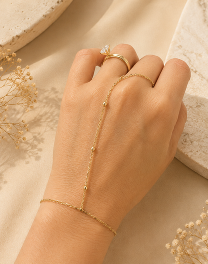 14K Gold Beaded Hand Chain Bracelet - Modern Minimalist Elegance