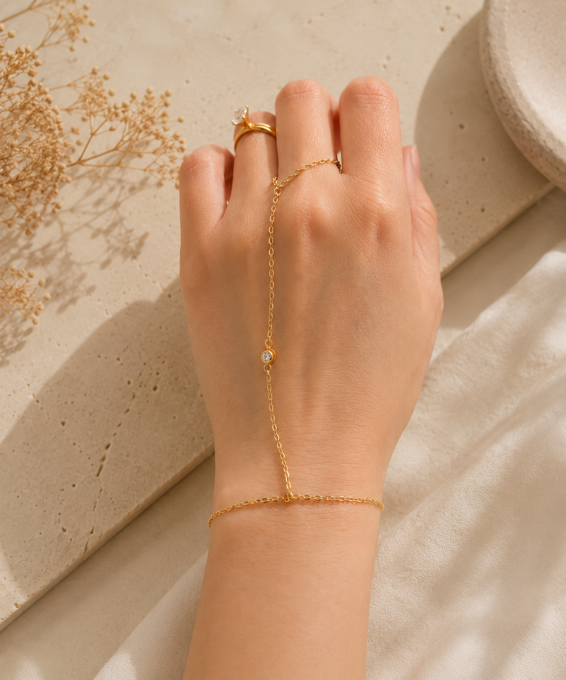 14K Gold Hand Chain with Zirconia - Elegant and Delicate Style