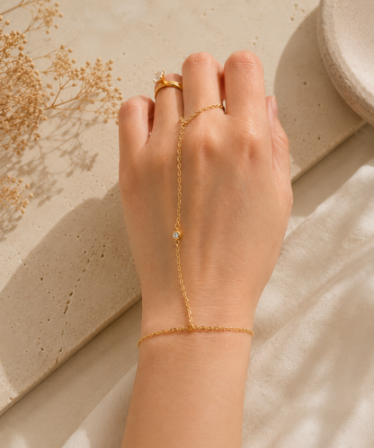 14K Gold Hand Chain with Zirconia - Elegant and Delicate Style
