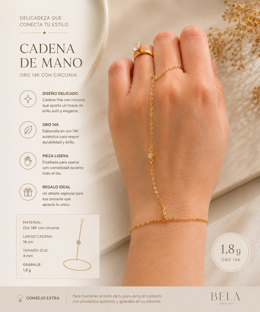 14K Gold Hand Chain with Zirconia - Elegant and Delicate Style