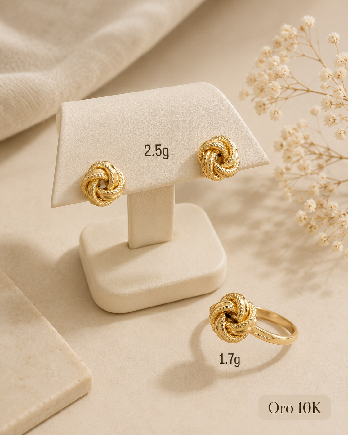 Conjunto de Aretes y Anillo de Nudo en Oro de 10K - Elegancia Atemporal