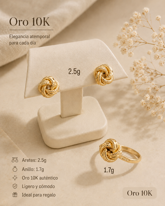 10K Gold Knot Earrings and Ring Set - Timeless Elegance