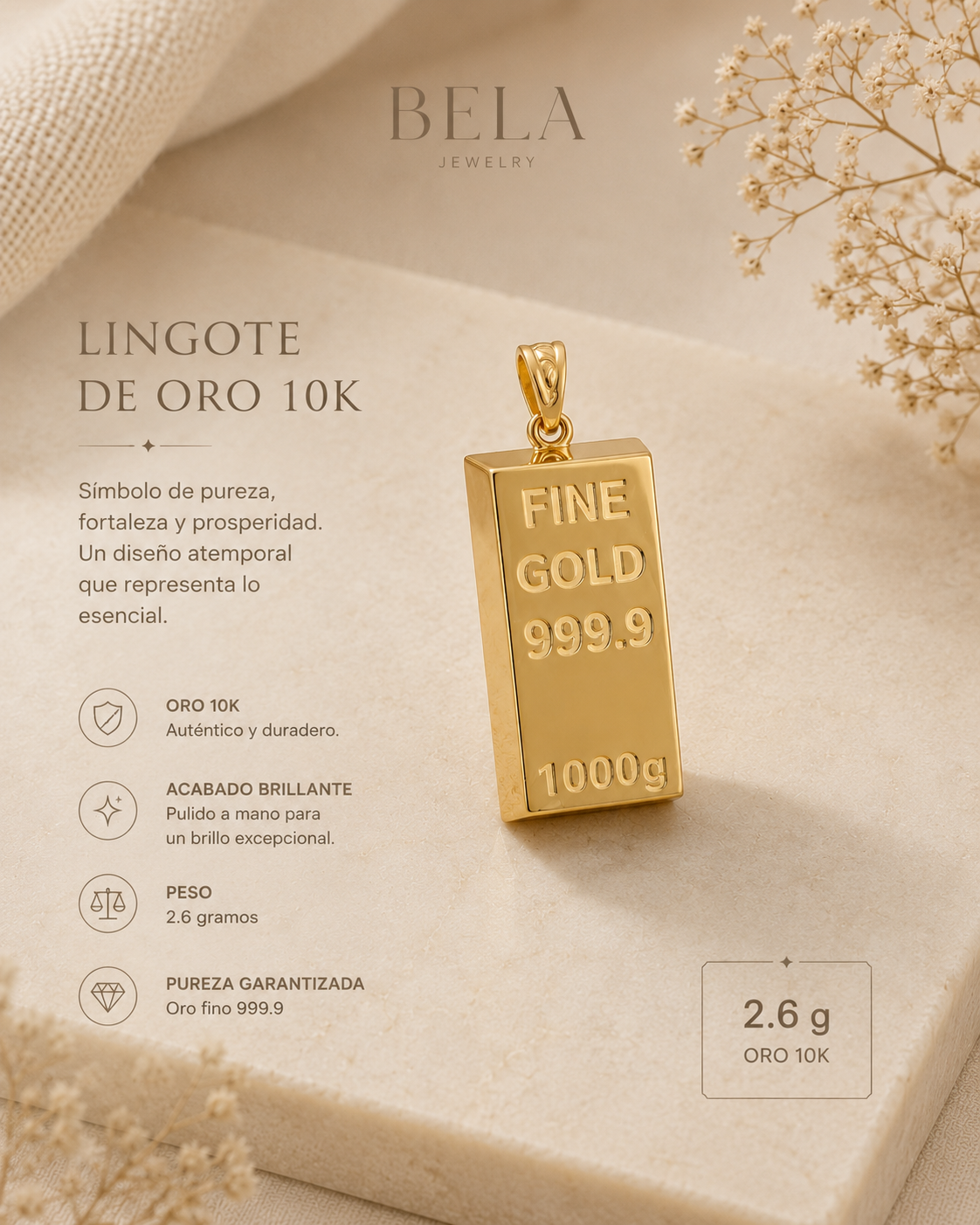 Dije de Lingote de Oro 10K - Bela Jewelry