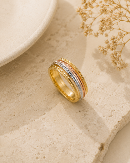 10K Tricolor Gold Ring with Diamond-Cut Texture - Bela Jewelry