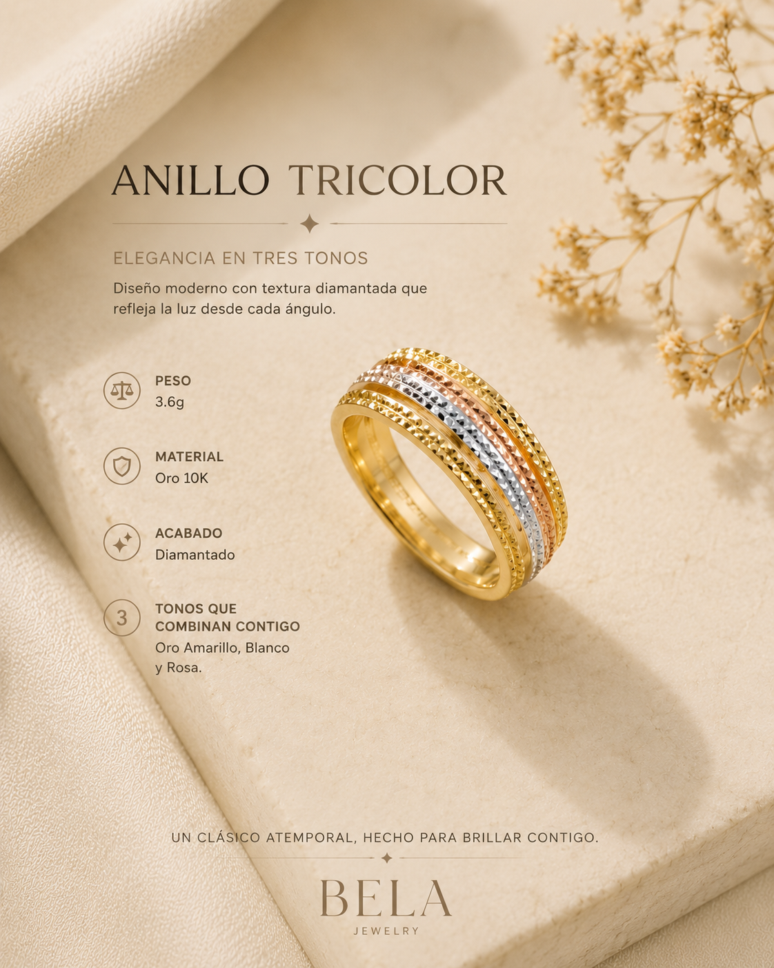 10K Tricolor Gold Ring with Diamond-Cut Texture - Bela Jewelry