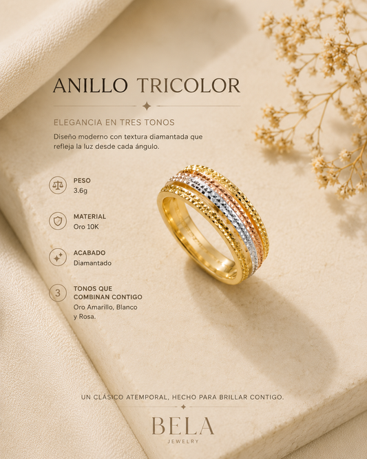 10K Tricolor Gold Ring with Diamond-Cut Texture - Bela Jewelry
