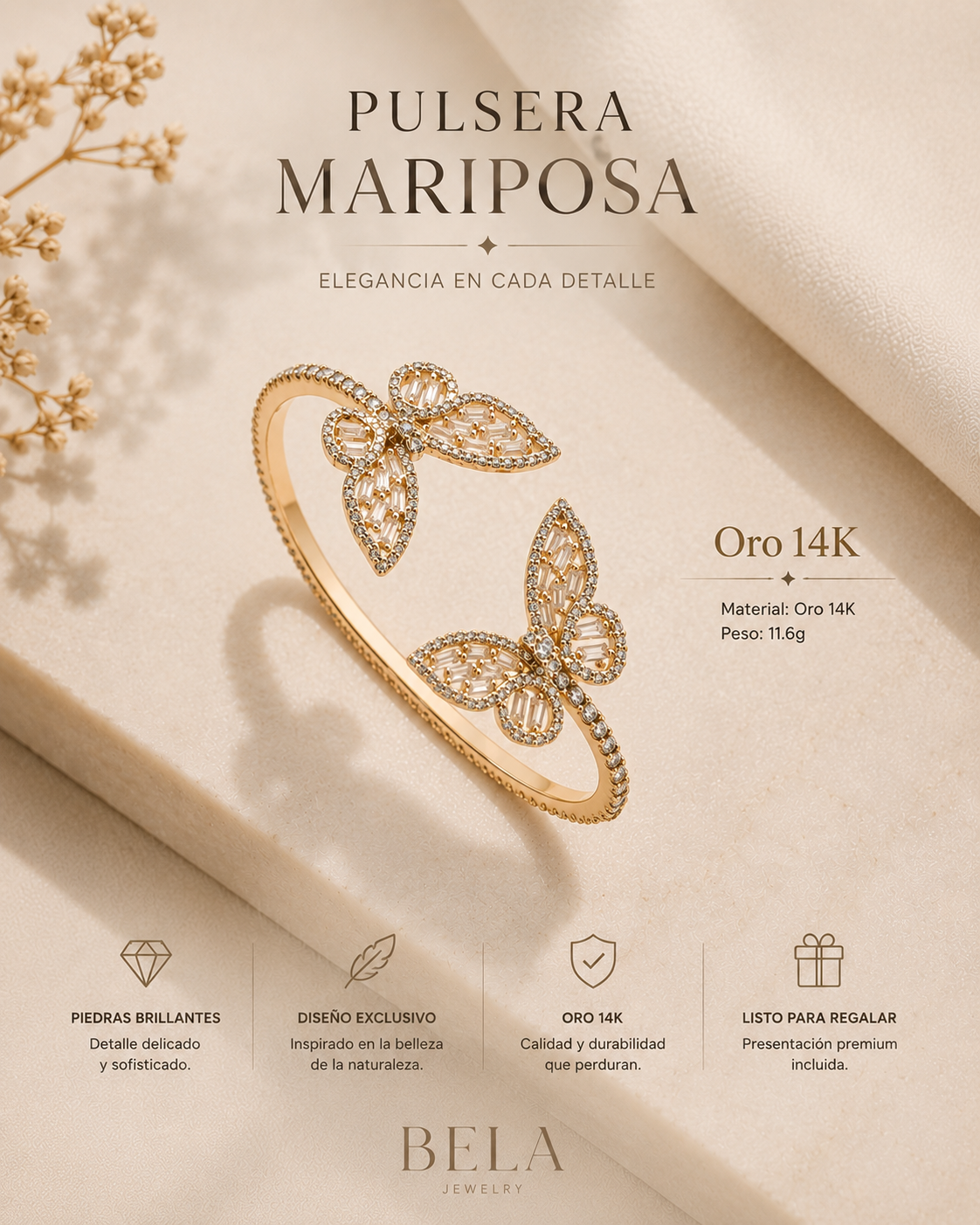 Pulsera Mariposa de Oro 14K - Elegancia y Sofisticación