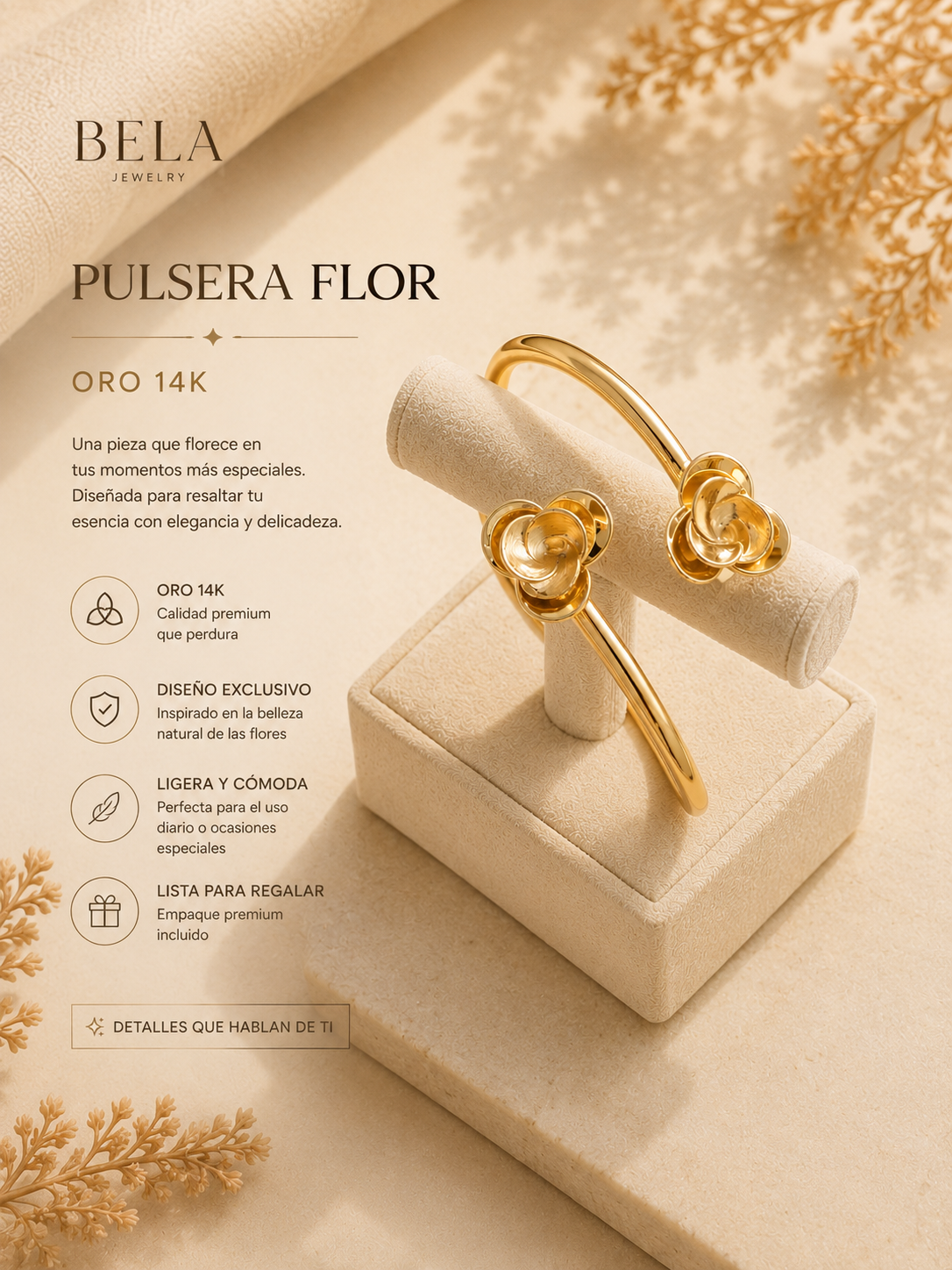 Pulsera Flor en Oro de 14K - Elegancia Natural | Bela Jewelry